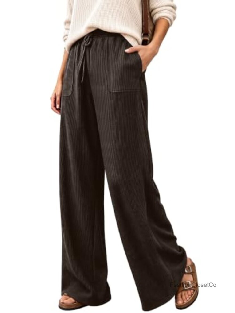 KISSMODA Corduroy Wide Leg Pants High Waist Elastic Waistband Pockets Casual
